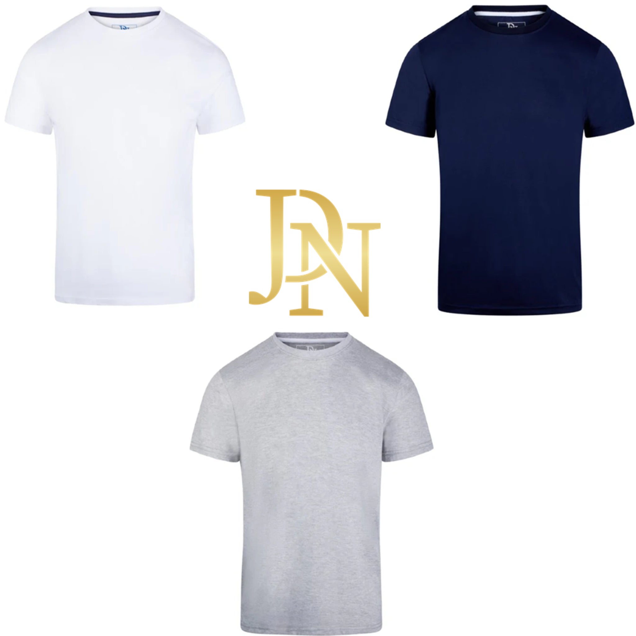 Men's JDN branded premium quality plain t-shirts 3 pack in white, navy blue, and grey